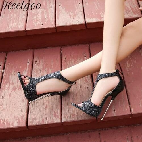 Heelgoo Summer Women Glitter Sequins Peep Toe 16cm Extremely High Heel Sandals Sexy Ladies T-strap Stiletto Pumps Party Shoes