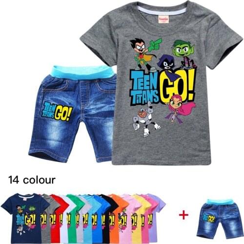 Teen Titans100-170 Go Fashion Cotton Casual Girls' Wear T Denim Shorts Set Teenage Kids Summer 2 Piece Sets Boys T Shirt 8 10 Y