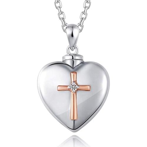 Zircon Cross Heart Urn Men Necklace Cremation Jewelry Ashes Pendant Keepsake Memorial Jewelry