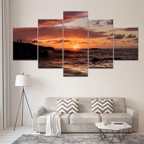 5 panel Framed Wall Painting Canvas Modular Art Picture Sunrise Sea With Stone Poster And Prints Home Decoration For Living Room