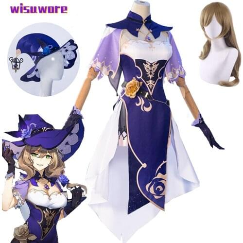 New Game Genshin Impact Cosplay Lisa Costume Witch of Purple Rose Anime Cosplay Costume The Librarian Sexy Dress with Wig