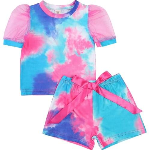 1-5Y Summer Fashion Toddler Kid Girls Clothes Set Tie dye Puff Sleeve Tops+Short Pants Outfits 2pcs Children Clothes Set