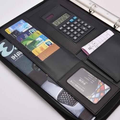 A4 Leather Document Bag Filing Products Organizer File Folder Zipper Ring Binder Ringband with Calculator Archivador Segregator