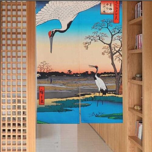 Custom size Thick Pound Cotton linen Japanese Style Wind Floating World Painted Blackout Curtain Porch Feng Curtain Tube Rod
