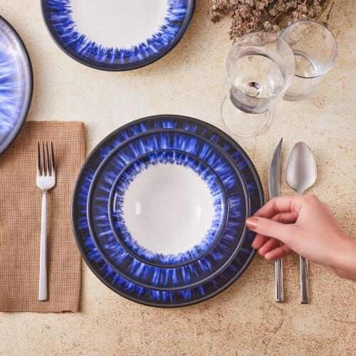 Luxury New Bone Feza 24 Pieces Blue Plate Dessert Soup Dinner Plate 6 Person Food Serving Plates