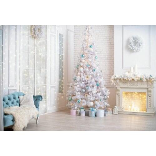 Christmas Backdrop White Xmas Tree Fireplace Photography Background Family New Year Party Decoration Photo Booth Studio Prop