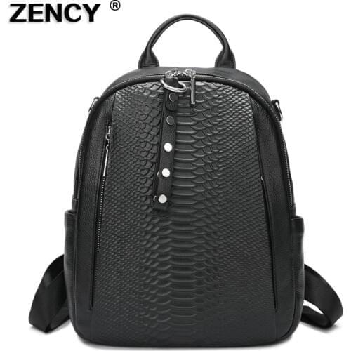 ZENCY 100% Italian Genuine Leather Calfskin Silver Accessories Womens Backpack Lady First Layer Cowhide Female School Book Bags