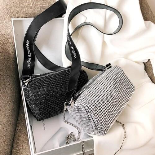 2021 Fashion Women Shiny Rhinestone Crossbody Wide Strap Tote Bags Female Chain Bag Ladies Bling Nightclub Evening Party Clutch