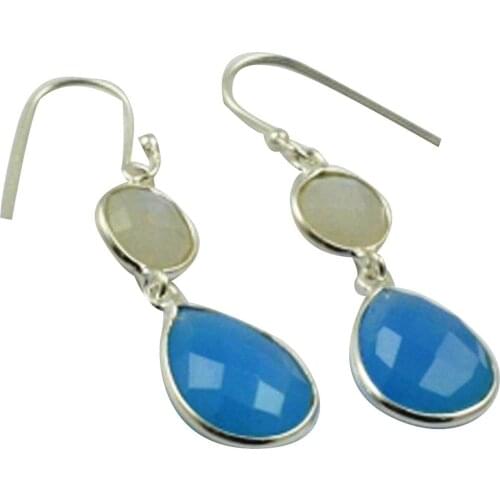 LoveGem Genuine Rainbow Moonstone & Chalcedony EARRINGS 925 Sterling Silver Jewelry, 43.6mm, AE2361