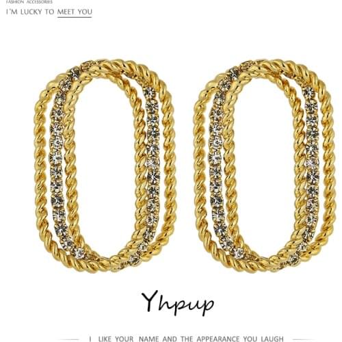 Yhpup Trendy Oval Hollow Stud Earrings Luxury Rhinestone Statement Golden Metal Earrings Accessories for Women Party Gift 2021