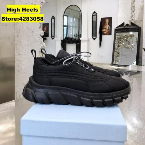 RunWay Casual Designer Womens Sneakers Black Genuine Leather Lace Up Breathable Thick Sole Casual Shoes