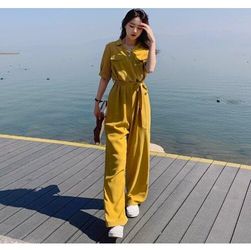 Women Fashion Bandage Jumpsuit 2021 Summer High Waist Loose Short Sleeve Elegant Casual Wide Leg One Piece Pants Sets Overalls