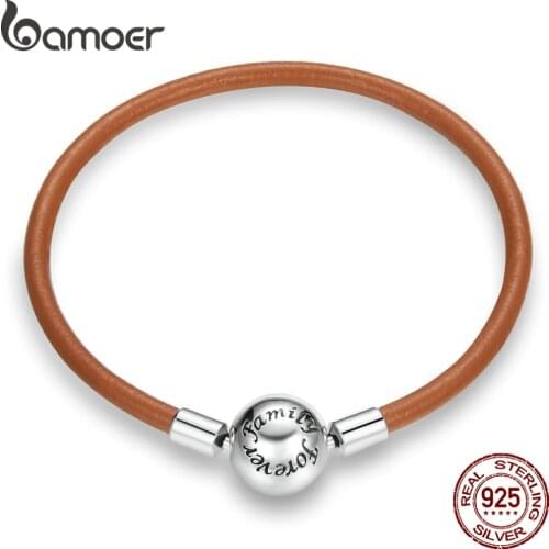 Bamoer Vintage 925 Sterling Silver Brown Leather Chain Retro European Bracelet Statement for Women DIY Fine Jewelry SCB215
