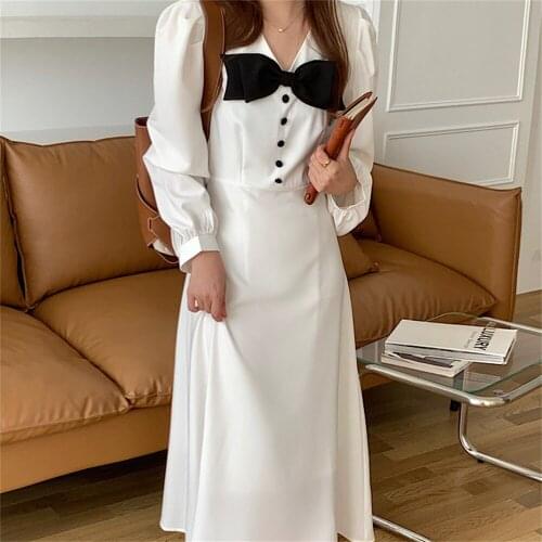 Alien Kitty Korea Elegant Sweet Bow Long Dress Slim Patchwork 2021 Lady Work Wear New Stylish Women Streetwear Autumn Vestidos