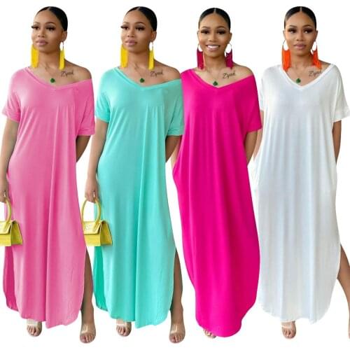 2021 New Womens Solid Fashion Loose V Neck Split Long Design Dress Robe Femme