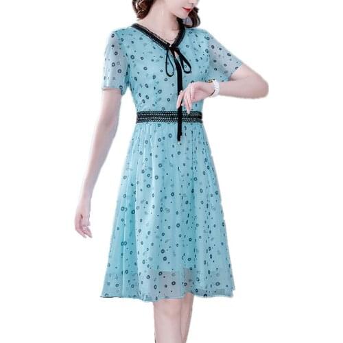 New Summer Women Short Sleeve Dress High Quality Hollow Out Lace Patchwork Blue Chiffon Floral Dress