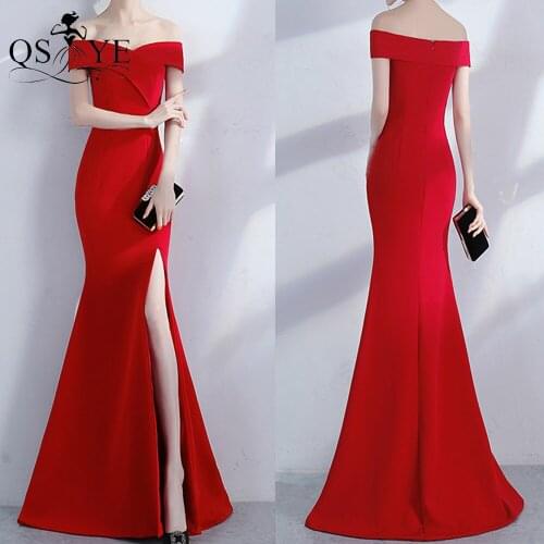 Off Shoulder Red Evening Dress Stretch Long Mermaid Party Gown V Neck Side Sleeves Formal Gown Lapel Neck Women Prom Dress Vesti