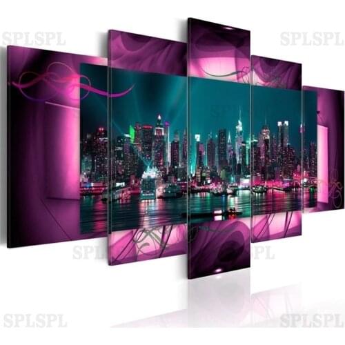5 Pieces HD Modern Landscape Canvas Painting City Construction Scenery Wall Art Night View Pictures for Living Room Home Decor