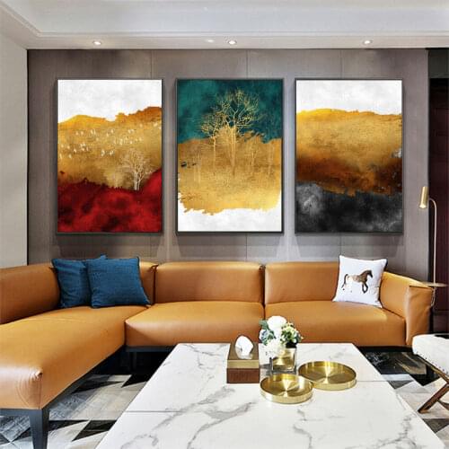 Abstract Canvas Prints Artwork Decor Abstract Gold Tree Scenery Red and Blue Mountain Watercolor Painting Poster Wall Home Decor