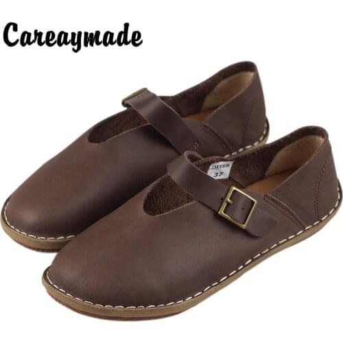 Careaymade-Pure handmade head leather comfortable soft leather national style soft sole shoes womens flat shoes with buckle