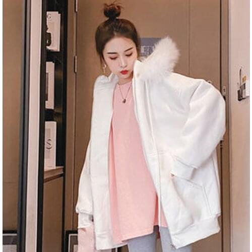 Zoki Autumn White Hoodies Women Fashion Long Sleeve Zipper Jackets Solid Loose Black Coats Casual Lady Outerwear Korean New2021