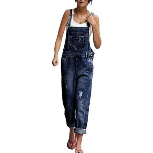 Rebicoo Denim Blue Women Overalls Jumpsuit Rompers Belted Hole Hollow Out Pocket Lady Overall Fashion Female Pants Jumpsuit