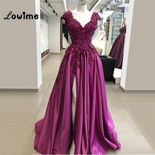 Purple Lace Applique Evening Dress V Neck Formal Women Gowns Custom Made Beaded Satin Long Prom Dresses With High Split Side