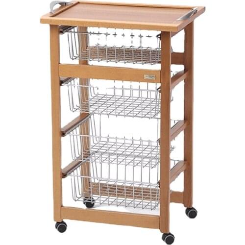 Factory Directly Kitchen Furniture Wooden Food Trolley with Wire Basket