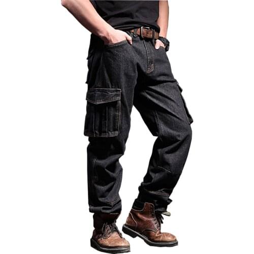 Mcikkny Mens Cargo Loose Jean Trousers Multi Pockets Straight Casual Motorcycle Denim Pants For Male Plus Size 29-44