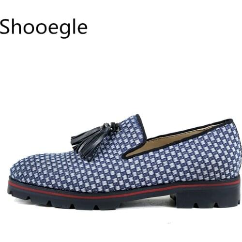 Street Style Knitting Anti-skid Tassel Men Casual Shoes Slip On low Top Patchwork Dress Shoes Men Plaid Casual Loafers