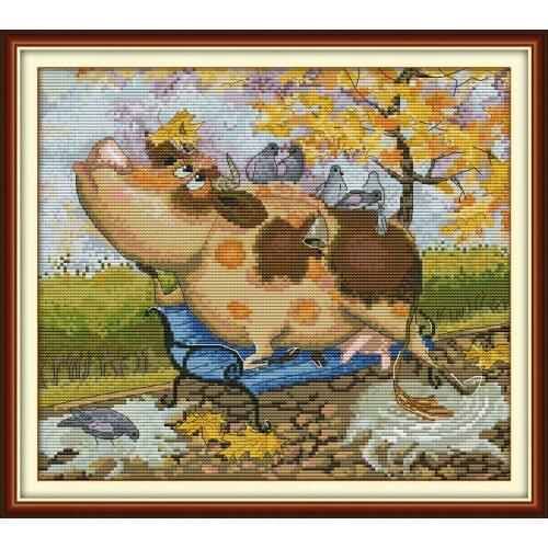 NKF Cow and Birds Animal Cross Stitch Kits 11CT 14CT Chinese Cross Stitch Pattern Embroidery Needlework Set for Home Decor