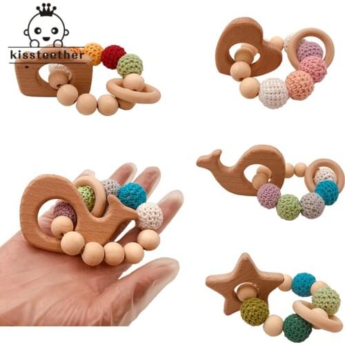 Crochet Bead Teething Ring Set Untreated Beech Teether with Organic Wood Animal Toy Wood Bracelet Baby Wooden Teether Bangle