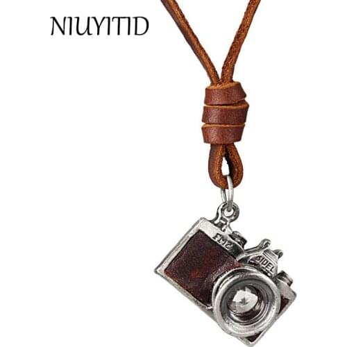NIUYITID Men Leather Pendant Necklace For Vintage Punk Camera Fashion Long Genuine Leather Chain Necklace Male accessoires homme