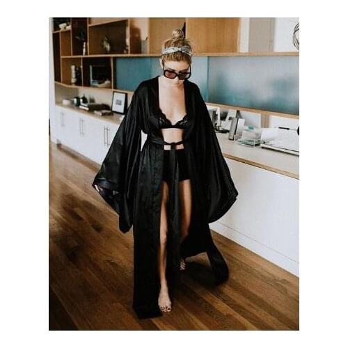 Fashion Sexy Pajama Dress Lingerie with Robe Long Sleeve Lace Nightgown with Belt Sleepwear Satin Women Bridesmaid Bathrobe