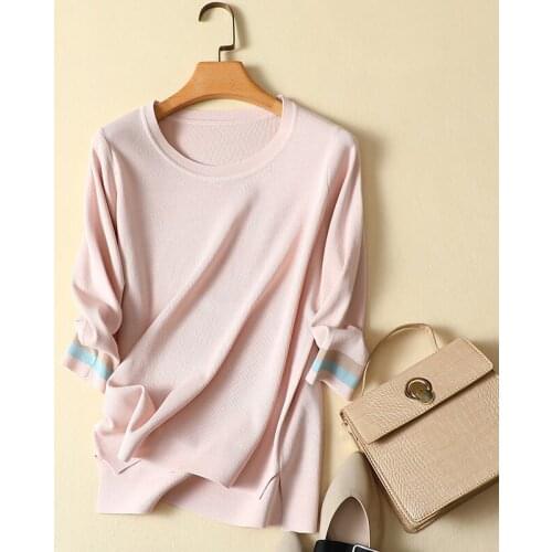 Spring New 2021 Knitted Women T-Shirts O-Neck Striped Half Sleeved Elastic Lady Elegant Pulls Outwear Tops Tees