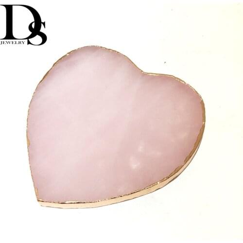 Wholesale 1pcs Natural Rose Quartz Coaster Heart Crystal Platter Electroplated Gold Color Jewelry for Cup Mat Display