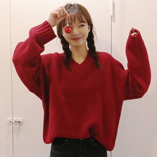 Girl 2019 Women Autumn Winter Sweet Wear Solid Color V Neck Sweaters Long Sleeve Thick Warm Knitted Pullovers Sweater