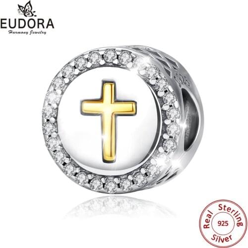 EUDORA Sterling Silver gold color cross bead pendant charm Women Jewelry Making good luck Charms Fit for Silver Bracelet Z126