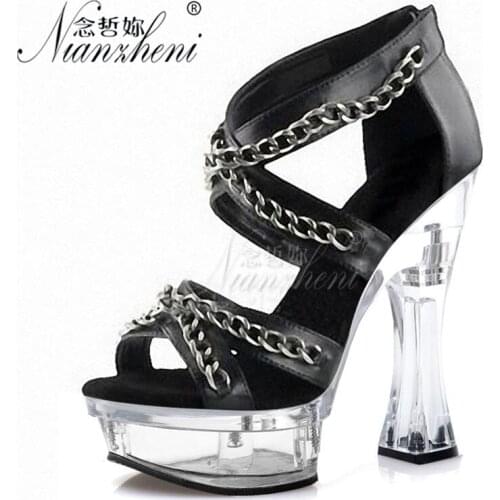 Thick platform Hollow Metal Chain Roman Womens Sandals 14cm Super High heeled shoes 6 inches Spool heels Novelty Cross dressing
