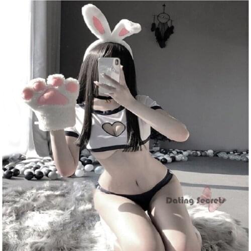 Sexy Heart Hollow Open Chest Erotic Lingerie Japanese Sweet Student Role Play Costume Rabbit Tail School Girl Uniform