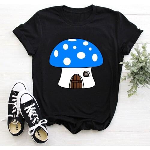 Mushroom Print ladies T-shirt ladies casual basis O-collar white shirt short sleeve ladies T-shirt TX8220