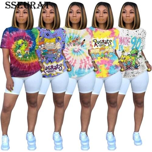 SSEURAT Tie Dye Cartoon Print T-Shirts Woman Summer Short Sleeve Casual Loose T-shirt Tee Top