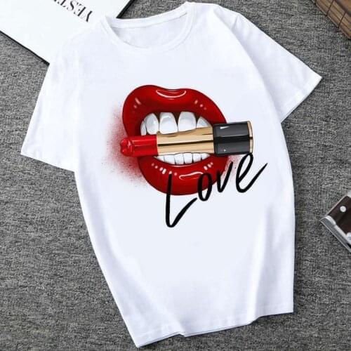 Harajuku Womens Shirt Red Mouth Lip Love Print T Shirts Short Sleeve Shirts Streetwear Style Tops O-Neck White Female T-Shirts