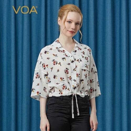 VOA Silk Lapel Seven-point Sleeve Harajuku Single-breasted Waist Drawstring Pocket Short Shirt BE092 Women Tops and Bloues