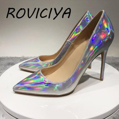 Silver metal color pump 12cm high heeled shallow pointed toe woman shoes party spring wedding shoes 10cm 8cm QP032 ROVICIYA