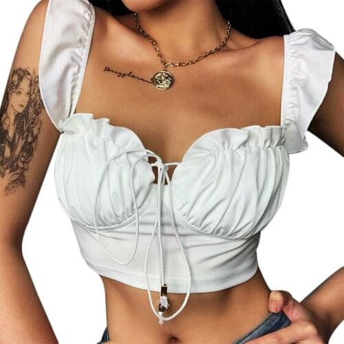 Sexy White Spaghetti Straps Low Cut Bow Ruches Crop Top 2020 Summer Women Sleeveless Camisole Top Female Skinny Bralette