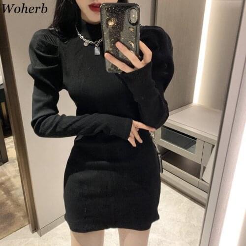 Woherb Sexy Slim Bodycon Dress for Women Half Turtleneck Knit Black Mini Woman Dresses Chic Elegant Robe Puff Sleeve Vestidos
