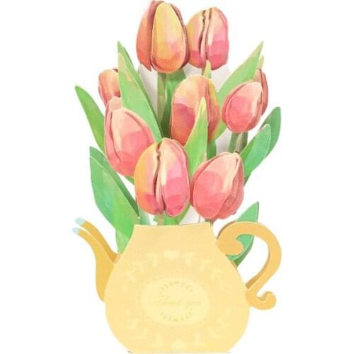 3D Handmade Yellow Teapot Tulips Display Paper Invitation Greeting Cards Teachers' Day Wedding Party Mothers Day Birthday Gift