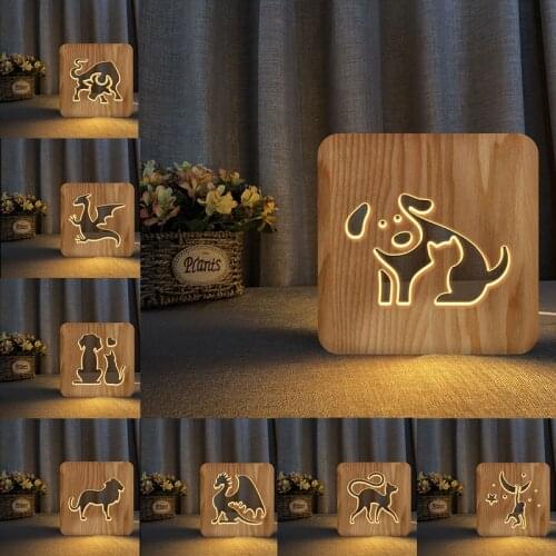 Acecorner LED USB Night Light Wooden Dragon Bull Dog Lion Animal Lamp Novelty Kid Bedroom 3D Decoration Table Lights Child Gift