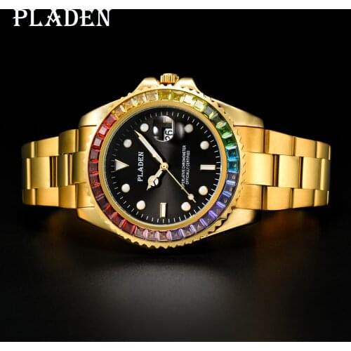PLADEN Gold Mens Watch Wristwatch Rainbow Diamond Bezel Steel Clasp Date Business Quartz Clock Dive Swim Man Gift Reloj Hombre